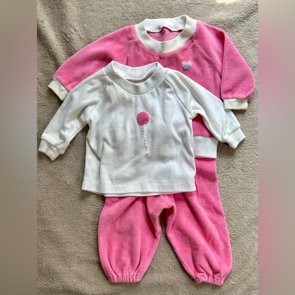 Vintage Hand Made Pink Velour Tracksuit and Long Sleeve size 18 mos Pink Balloon - Picture 1 of 8